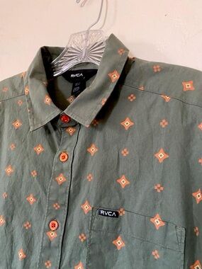 RVCA Olive Green Button-Down Shirt with Orange Geometric Print